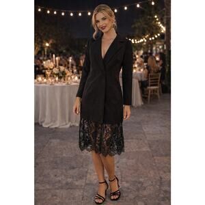 Bluzat Moda Urbana Notched Lapel & Long Sleeves Black Long Blazer Dress XL